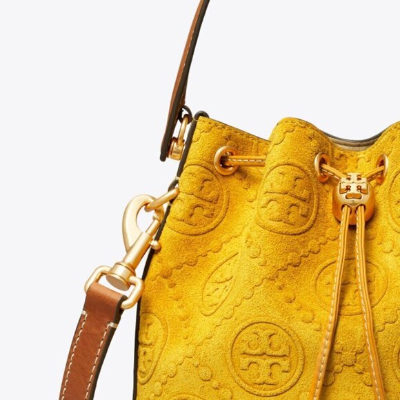 NEW! Tory Burch T-Monogram SUEDE EMBOSSED Bucket -large Claret (Deep Sunflower) - Picture 14 of 15
